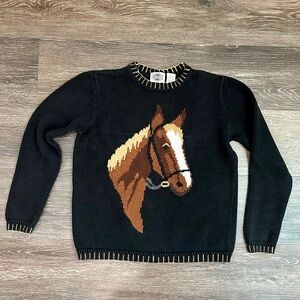 Vintage Rod’s Western Palace Horse Sweater Black Ramie Cotton Knit Size Small